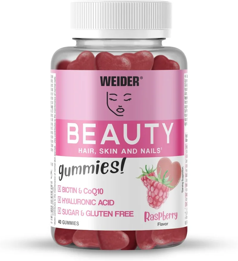 Weider ▫️ Beauty Gummies, Gomas com Fórmula Anti-Envelhecimento e Vitamina C, Ajuda nos Cuidados da Pele, Unhas e Cabelo, Sem Açúcar e Sem Glúten, Sabor a Framboesa - Frasco de 40 Gomas