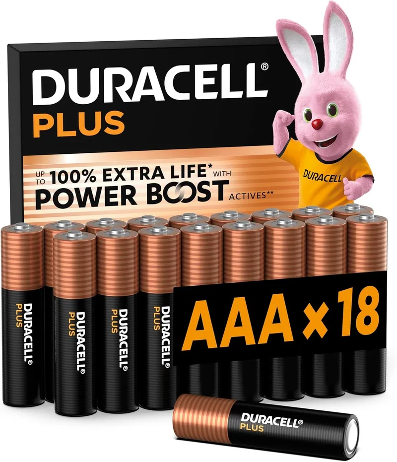 Duracell ▫️ Pilhas Plus AAA (18 unidades) - Pilhas alcalinas de 1,5 V - Até 100% de vida útil extra com os activos POWER BOOST - Facilidade para dispositivos do dia a dia - Embalagem com 0% de plástico - MN2400