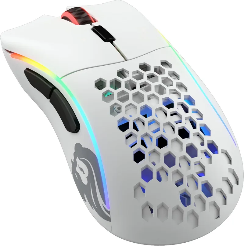 GLORIOUS ▫️ Gaming Model D- (Small) Wireless Rato para jogos sem fios - 67 g super leve, design em forma de colmeia, RGB, ergonómico, sem fios de 2,4 GHz e sem atrasos, autonomia da bateria até 71 horas - Branco mate