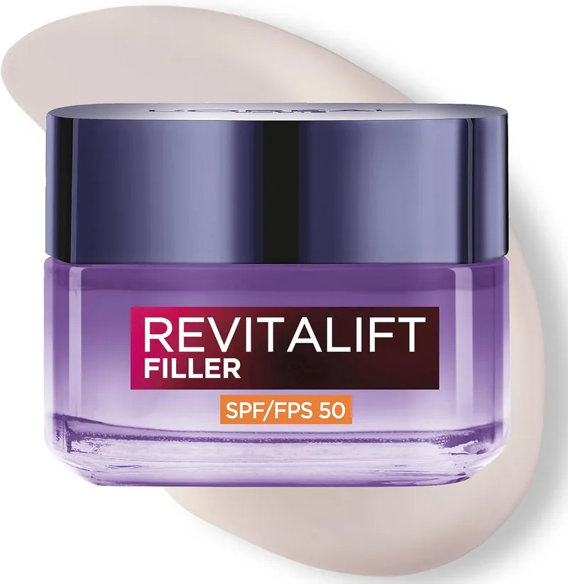 L'Oreal Paris ▫️ L'Oréal Paris Revitalift Filler - Creme de Dia Preenchedor com Proteção Solar FPS 50, Antienvelhecimento e Antirrugas, com Ácido Hialurónico. Inspirado na cosmética coreana. Acabamento não oleoso, 50 ml