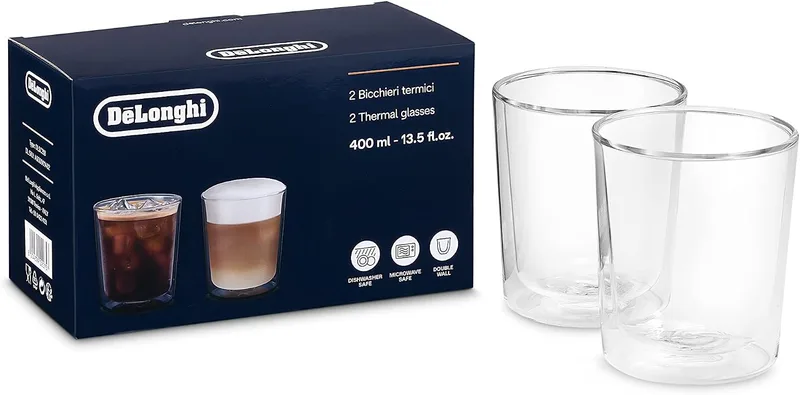 De'Longhi ▫️ DLSC318 - Conjunto de copos térmicos de vidro de parede dupla, em borossilicato resistente, confortáveis de segurar, sem condensação, laváveis na máquina de lavar louça, capacidade de 400 ml