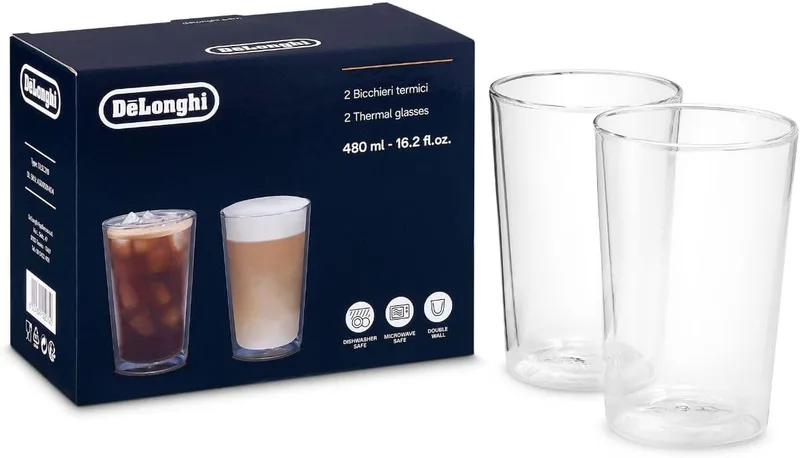 De'Longhi ▫️ DLSC319 - Conjunto de copos térmicos de vidro de parede dupla, em borossilicato resistente, confortáveis de segurar, sem condensação, laváveis na máquina de lavar louça, capacidade de 490 ml