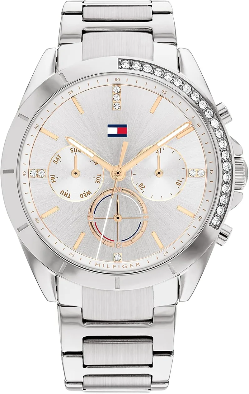 Relógio analógico de quartzo multifunções Tommy Hilfiger para mulher com bracelete em aço inoxidável - Disponível na versão dourada ou prateada