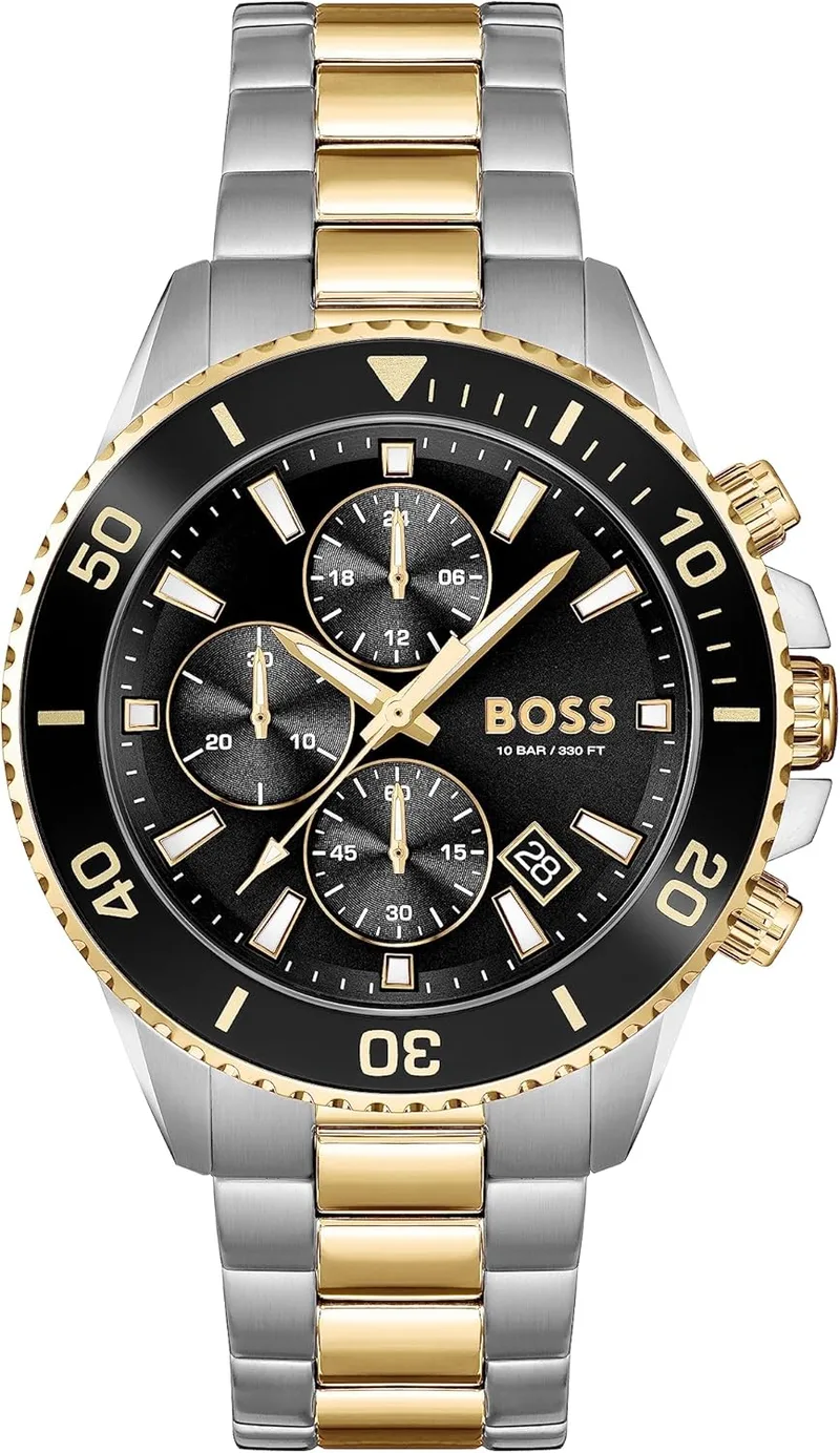 Relógio cronógrafo de quartzo de 45 mm para homem BOSS Coleção Admiral com bracelete em aço inoxidável, silicone ou tecido com plástico oceânico, função de data e 3 submostradores