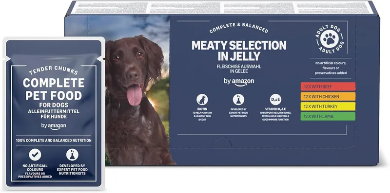 by Amazon ▫️ Alimento completo para cães adultos - Seleção de carne gelatinosa, 4,8 kg (48 embalagens de 100g)