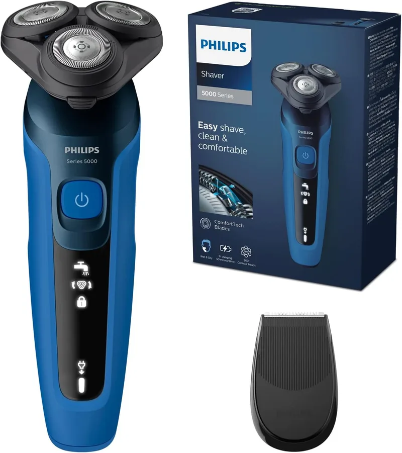 PHILIPS ▫️ Série 5000 Máquina de barbear elétrica para homem, máquina de barbear com aparador, 27 lâminas, cabeça flexível a 360º, 50 minutos de autonomia, Para uso a seco e molhado, recarregável, estojo, S5466/18, azul e preto