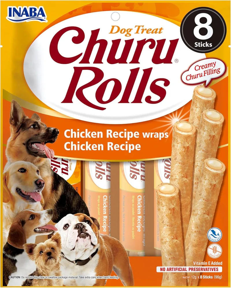 INABA ▫️ Churu Bites Dogs - Receita de Frango - Palitos Crocantes com Recheio Cremoso, Lanche Delicioso e Saudável - Alimento proteico, sem corantes nem conservantes - 96g (8x12g)