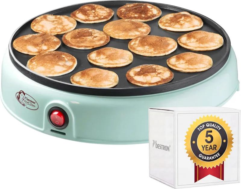 Bestron ▫️ Máquina de poffertjes com design retro, mini máquina de panquecas, com revestimento antiaderente, Sweet Dreams, 800 W, cor: verde