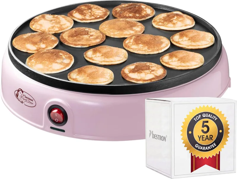 Bestron ▫️ Máquina de poffertjes com design retro, mini máquina de panquecas, com revestimento antiaderente, Sweet Dreams, 800 W, cor: rosa