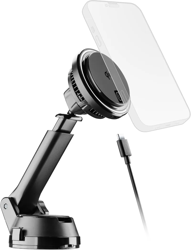 cellularline ▫️ mag Qi2 Wireless Car Holder Suporte para automóvel com carregamento magnético de 15W, compatível com MagSafe e Qi2, ventosa ou grelha, anel magnético incluído, cabo USB e DIMA