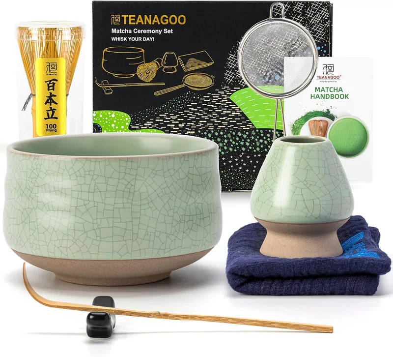 TEANAGOO ▫️ Te Matcha Kit, Kit de Matcha com 7 peças, incluindo um batedor com bico vertedor, Conjunto de Presente para a Cerimónia do Chá, conjunto de chá para preparar café com leite (Verde)