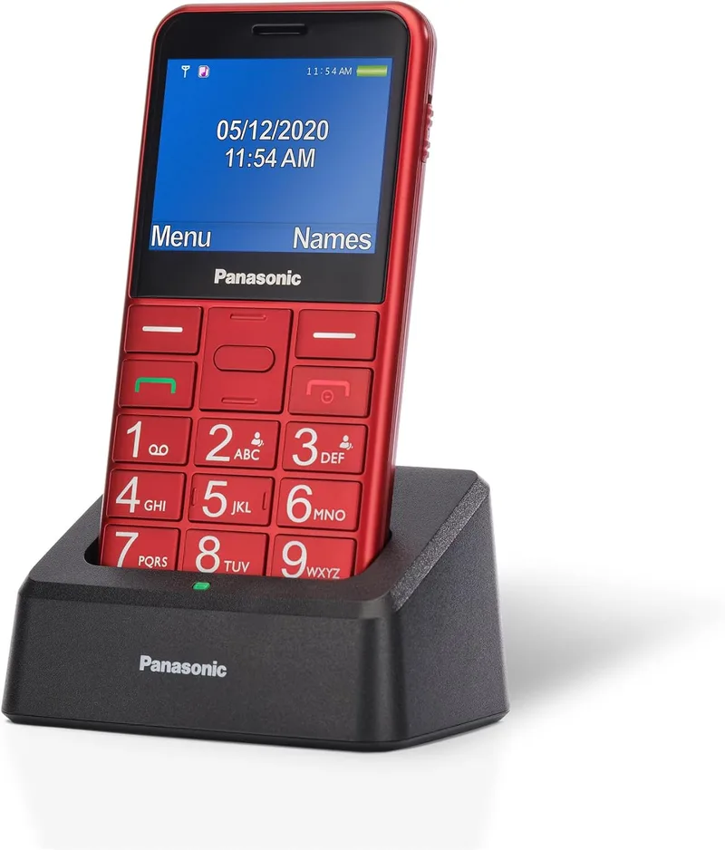 Panasonic ▫️ Telemóvel para idosos KX-TU155EXRN, chamada prioritária, telefone com botões grandes, compatível com aparelhos auditivos, Bluetooth, rádio FM, câmara, base de carregamento, vermelho