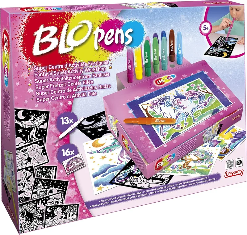 Lansay ▫️ Blopens Super Centro de Atividades Mágicas - Oficina de desenho e colorir para crianças a partir dos 5 anos - 13 canetas de sopro com secretária e 16 modelos