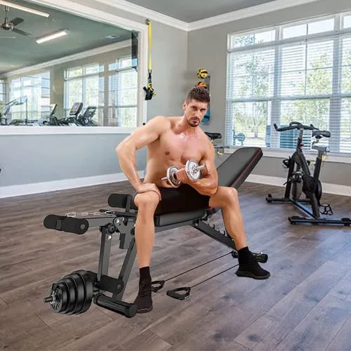 ilbcavne ▫️ Banco de pesos ajustável para fitness, banco de musculação multifunções para treino de corpo inteiro, encosto rebatível, carga máxima de 250 kg (132 × 113 × 46 cm) 2
