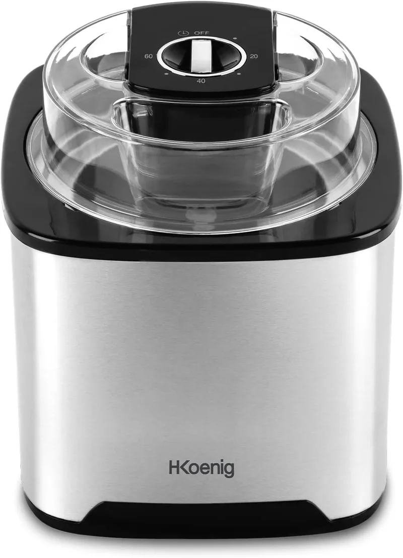H.Koenig ▫️ Máquina de gelados SRB80, capacidade de 2 l, aço inoxidável, tempo de preparação de 30 a 40 minutos, rápida, 30 rpm, desligamento automático, tampa transparente, recipiente removível, 12 W