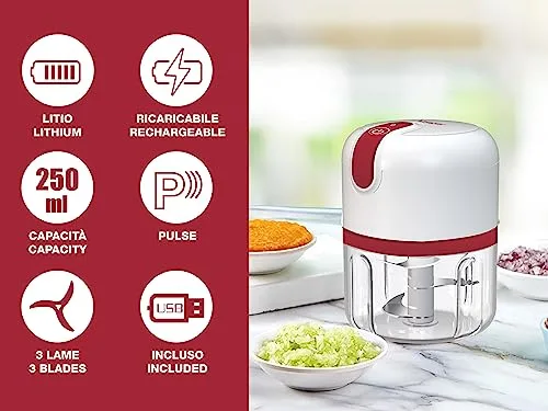 BEPER ▫️ P102ROB050 Picador recarregável por USB, Mini-robô de cozinha, Capacidade de 250 ml, Potência de 3,7 V, 3 lâminas de aço inoxidável, Bateria recarregável, Vermelho/Branco 2