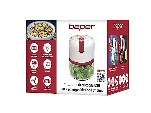 BEPER ▫️ P102ROB050 Picador recarregável por USB, Mini-robô de cozinha, Capacidade de 250 ml, Potência de 3,7 V, 3 lâminas de aço inoxidável, Bateria recarregável, Vermelho/Branco 6