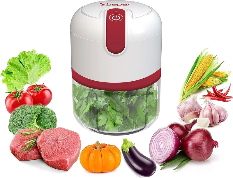 BEPER ▫️ P102ROB050 Picador recarregável por USB, Mini-robô de cozinha, Capacidade de 250 ml, Potência de 3,7 V, 3 lâminas de aço inoxidável, Bateria recarregável, Vermelho/Branco