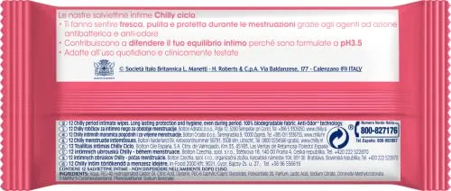 Chilly ▫️ Toallitas Ciclo, toalhitas para higiene íntima, tecido 100% biodegradável, ideais para usar fora de casa, pH 3,5, clinicamente testadas, embalagem de 12 toalhitas 2