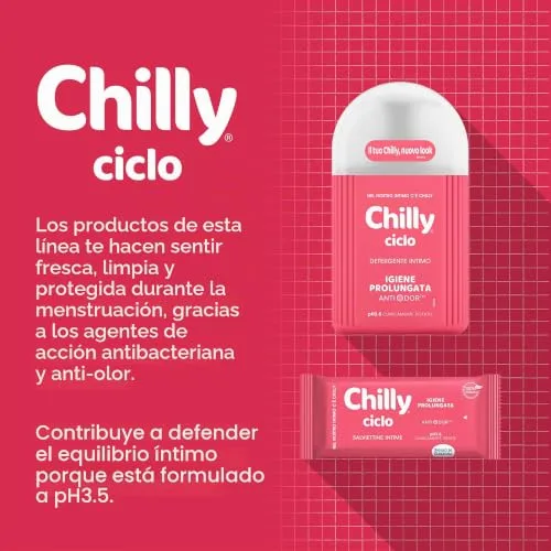 Chilly ▫️ Toallitas Ciclo, toalhitas para higiene íntima, tecido 100% biodegradável, ideais para usar fora de casa, pH 3,5, clinicamente testadas, embalagem de 12 toalhitas 4