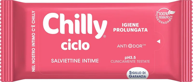 Chilly ▫️ Toallitas Ciclo, toalhitas para higiene íntima, tecido 100% biodegradável, ideais para usar fora de casa, pH 3,5, clinicamente testadas, embalagem de 12 toalhitas
