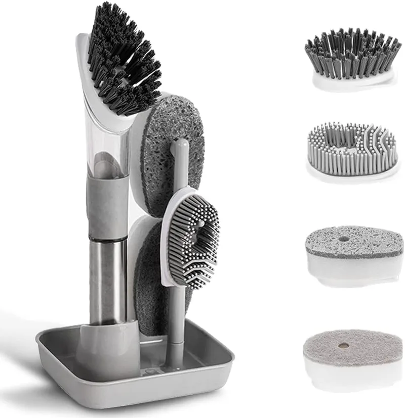 QUTHZZHY ▫️ Escova de limpeza de loiça, conjunto de escova para dispensador de sabão com 4 cabeças de escova de substituição e suporte de armazenamento, escova de cozinha para limpar lava-loiças, tachos e panelas (cinzento)