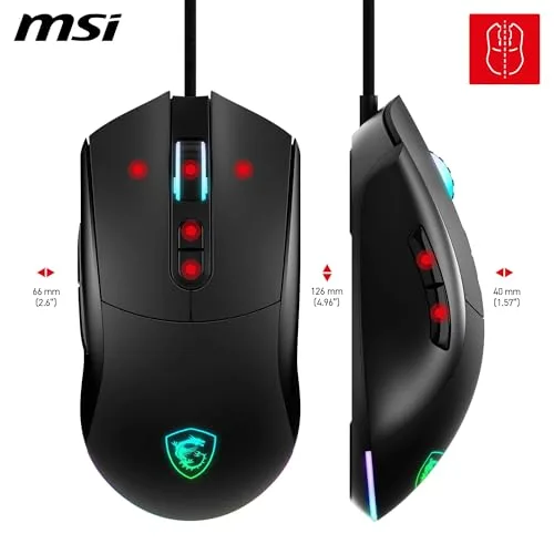 MSI ▫️ Forge GM320 – Rato para jogos ótico, 12 800 dpi, simétrico, 7 botões programáveis, interruptores resistentes a 20 milhões de cliques, latência de 1 ms, LED RGB, 126 g, cabo USB 2