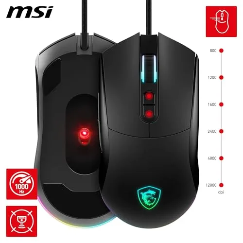 MSI ▫️ Forge GM320 – Rato para jogos ótico, 12 800 dpi, simétrico, 7 botões programáveis, interruptores resistentes a 20 milhões de cliques, latência de 1 ms, LED RGB, 126 g, cabo USB 5