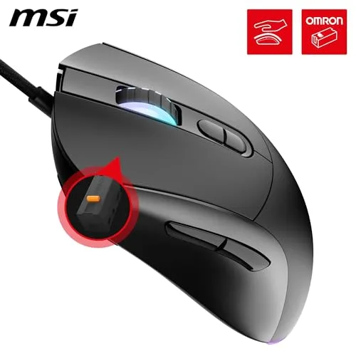 MSI ▫️ Forge GM320 – Rato para jogos ótico, 12 800 dpi, simétrico, 7 botões programáveis, interruptores resistentes a 20 milhões de cliques, latência de 1 ms, LED RGB, 126 g, cabo USB 7