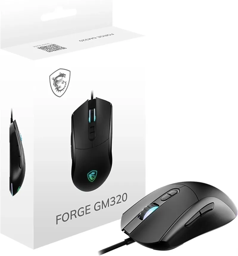 MSI ▫️ Forge GM320 – Rato para jogos ótico, 12 800 dpi, simétrico, 7 botões programáveis, interruptores resistentes a 20 milhões de cliques, latência de 1 ms, LED RGB, 126 g, cabo USB