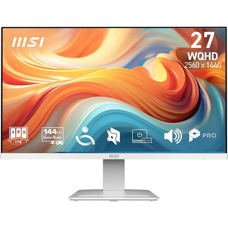 MSI ▫️ Pro MP273QW E14 Monitor WQHD de 27", 2560 x 1440 IPS, 144 Hz, 1 ms, Compatível com HDR, Sincronização adaptativa, Eye Care, Altifalante incorporado, HDMI 2.0b, DP 1.2a, Sem moldura, Inclinação ajustável, VESA, Branco