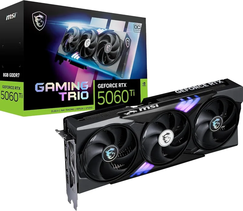 MSI ▫️ Placa gráfica NVIDIA GeForce RTX 5060 Ti 8G Gaming Trio OC GDDR7 128 bits para jogos, frequência de clock de boost até 2662 MHz, PCIe Gen 5, DLSS 4, DP 2.1 x 3, HDMI 2.1 x 1, compatível com SFF
