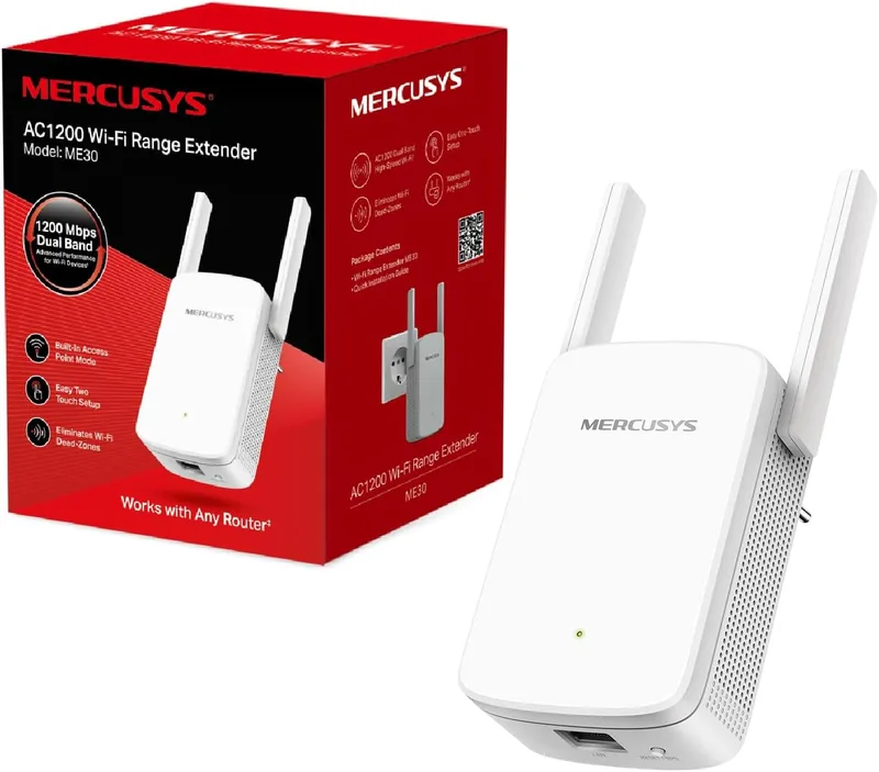 MERCUSYS ▫️ ME30 AC1200 Repetidor Wi-Fi, 5 GHz e 2,4 GHz, 2 antenas externas, porta de 10/100 Mbps, botão WPS, «Play and Plug», indicador LED de sinal, configuração fácil