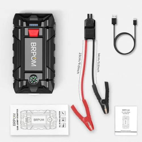 BRPOM ▫️ Arrancador de Automóveis, Arrancador de Baterias de Automóvel de 12 V (para 7,0 L a gasolina ou 5,5 L a gasóleo) Arrancador de emergência com lanterna LED de emergência, longa autonomia em espera, carregamento rápido 7