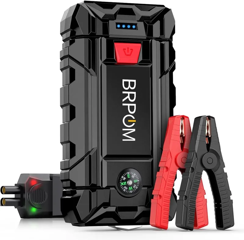 BRPOM ▫️ Arrancador de Automóveis, Arrancador de Baterias de Automóvel de 12 V (para 7,0 L a gasolina ou 5,5 L a gasóleo) Arrancador de emergência com lanterna LED de emergência, longa autonomia em espera, carregamento rápido