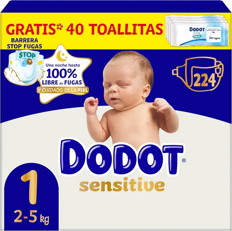 DODOT ▫️ Fraldas Sensitive para bebés, Tamanho 1 (2-5 kg), 224 fraldas + 1 embalagem de 40 toalhitas de oferta da Aqua Plastic Free, n.º 1 em proteção da pele embalagem mensal
