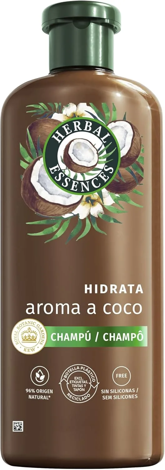 Herbal Essences ▫️ Champô Hidratante com Aroma a Coco, 350 ml, para cabelo muito seco. Ajuda a hidratar intensamente, deixando o cabelo macio. De origem natural*. Sem silicones, vegan
