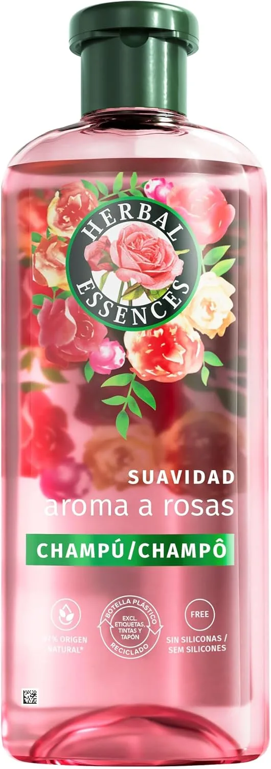 Herbal Essences ▫️ Rosas Champô Suavidade para Cabelo Seco, Sem Silicones, 350 ml | Com Essência de Rosa, Fórmula de Origem Natural, Vegano e Não Testado em Animais