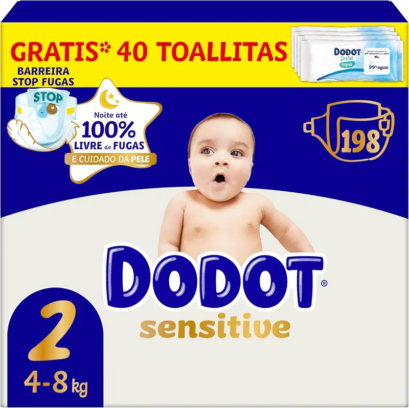 DODOT ▫️ Fraldas Sensitive para bebé, Tamanho 2 (4-8 kg), 198 fraldas + 1 embalagem de 40 toalhitas grátis «Cuidado Total Aqua», absorção e proteção da pele embalagem mensal
