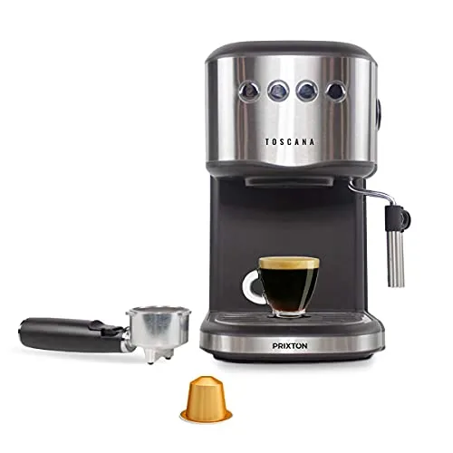 PRIXTON ▫️ Máquina de café automática Toscana para café expresso e adaptador para cápsulas, bomba italiana de 850 W e 20 bar de pressão, vaporizador 4