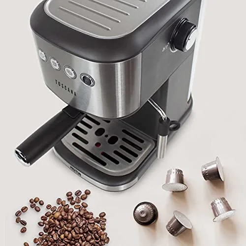 PRIXTON ▫️ Máquina de café automática Toscana para café expresso e adaptador para cápsulas, bomba italiana de 850 W e 20 bar de pressão, vaporizador 5
