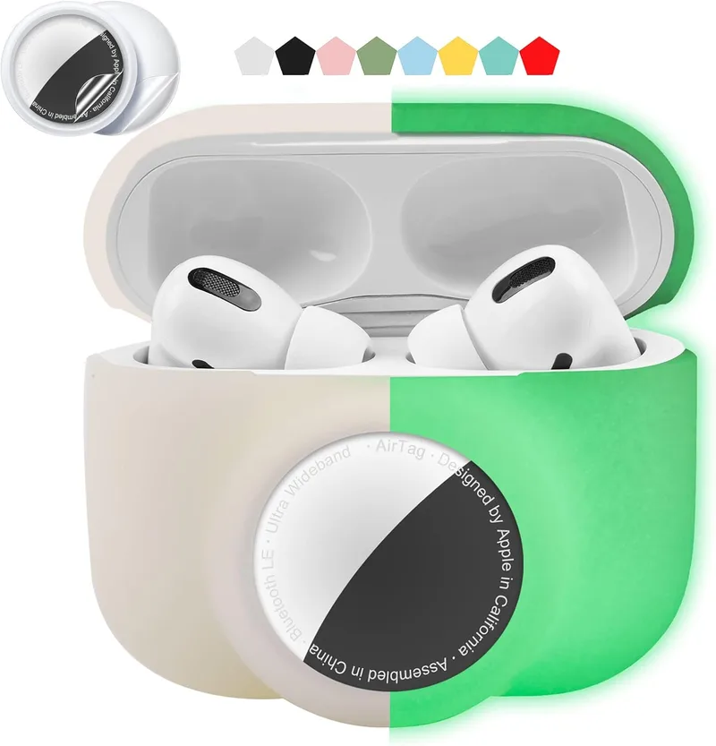 Iqimott ▫️ Capa protetora 2 em 1 compatível com Airpods Pro e Airtag, suporte de silicone para localizador GPS, suave, à prova de choque, à prova de riscos, anti-perda (branco/brilho noturno)