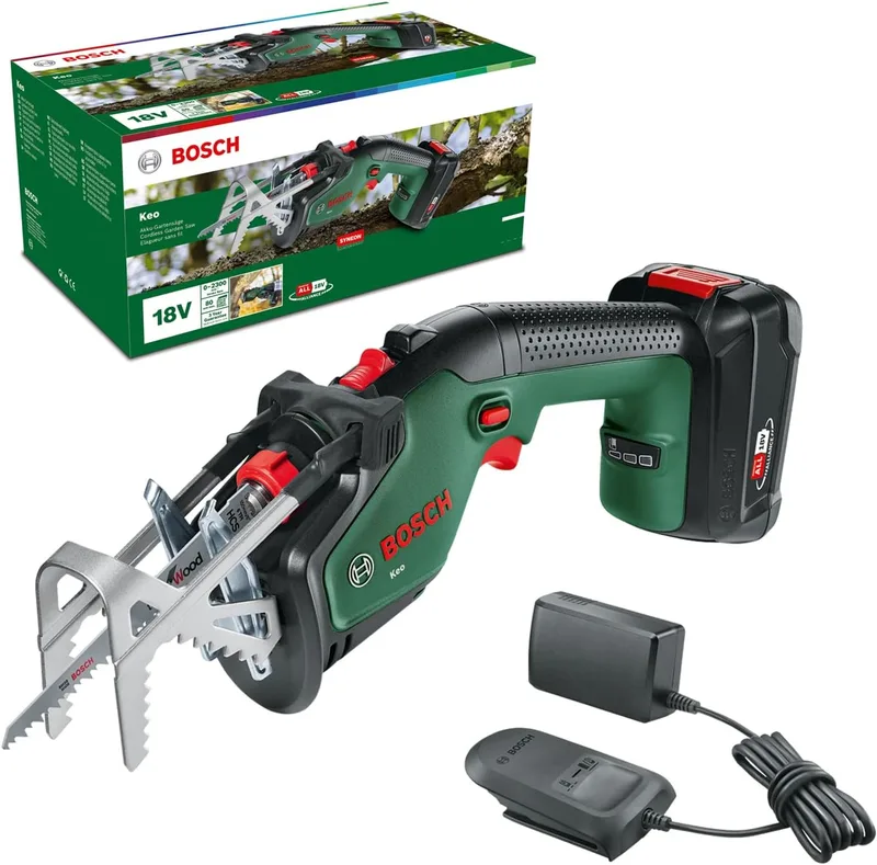 Bosch ▫️ Serra de jardim a bateria Keo Home and Garden (1 bateria de 2,0 Ah, sistema de 18 V, diâmetro de corte de 80 mm, com lâmina Swiss Precision Wood, na caixa)