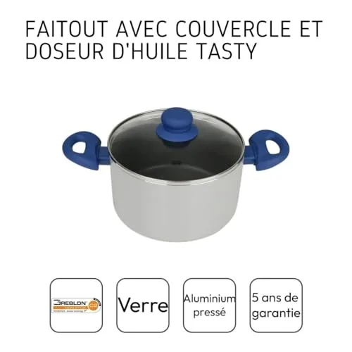 Tasty ▫️ Panela com dosador de óleo e tampa de vidro, Ø20 cm, alumínio prensado com revestimento antiaderente, lavável na máquina de lavar louça, cor azul e cinzenta 4
