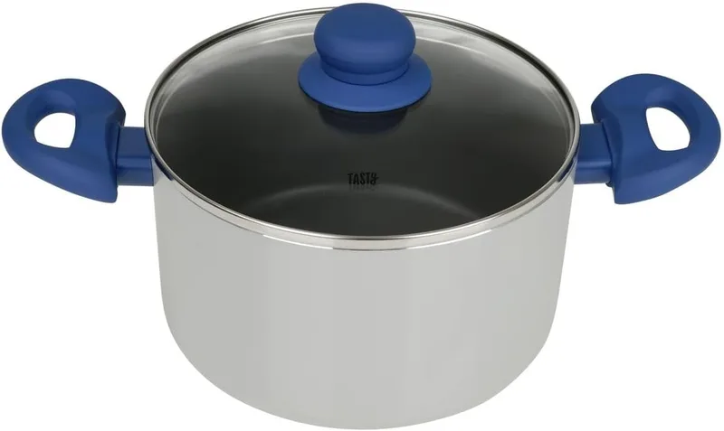 Tasty ▫️ Panela com dosador de óleo e tampa de vidro, Ø20 cm, alumínio prensado com revestimento antiaderente, lavável na máquina de lavar louça, cor azul e cinzenta