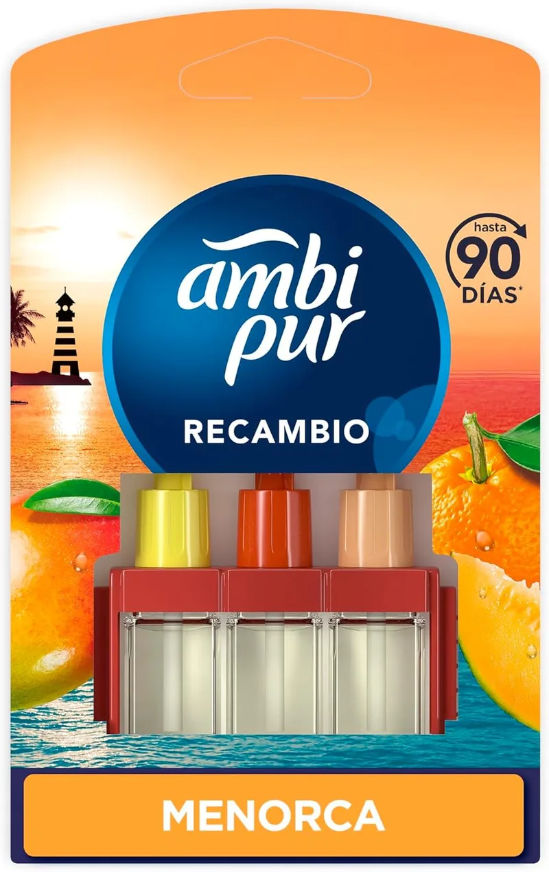 AMBIPUR ▫️ Ambi Pur 3Volution Pôr-do-sol em Menorca – Recarga para ambientador elétrico, 20 ml, 3 aromas que se alternam para combater os odores.