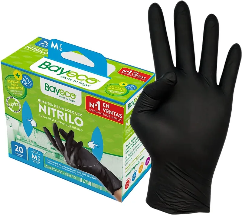 Bayeco ▫️ Luvas de nitrilo de uso único - Pretas - Ambidestras - Dedos texturizados para uma melhor aderência - Acabamento em calçada enrolada - Embalagem dispensadora de 20 unidades - Tamanho M