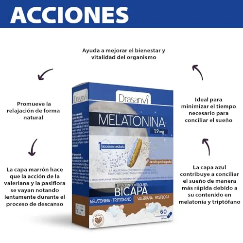 Drasanvi ▫️ Melatonina Bicapa de 1,9 mg com Triptofano, Passiflora e Valeriana | Dupla Ação | Ajuda a adormecer rapidamente e a alcançar um relaxamento natural | Embalagem de 60 comprimidos = 60 dias | Dupla ação com triptofano, passiflora e valeriana, ajuda a adormecer rapidamente e a relaxar 4