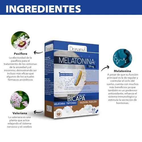 Drasanvi ▫️ Melatonina Bicapa de 1,9 mg com Triptofano, Passiflora e Valeriana | Dupla Ação | Ajuda a adormecer rapidamente e a alcançar um relaxamento natural | Embalagem de 60 comprimidos = 60 dias | Dupla ação com triptofano, passiflora e valeriana, ajuda a adormecer rapidamente e a relaxar 5