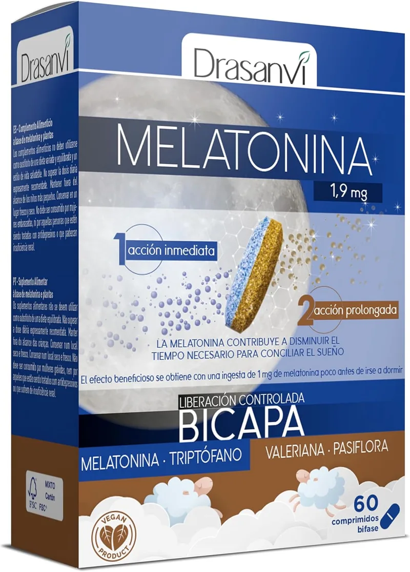 Drasanvi ▫️ Melatonina Bicapa de 1,9 mg com Triptofano, Passiflora e Valeriana | Dupla Ação | Ajuda a adormecer rapidamente e a alcançar um relaxamento natural | Embalagem de 60 comprimidos = 60 dias | Dupla ação com triptofano, passiflora e valeriana, ajuda a adormecer rapidamente e a relaxar
